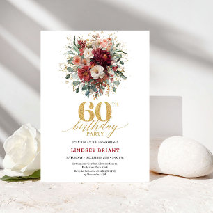 Romantic Burgundy Gold Fall Floral 60th Birthday Invitation