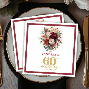 Romantic Burgundy Gold Fall Floral 60th Birthday  Napkin