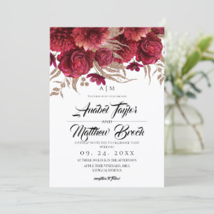 Romantic Burgundy Gold Floral Garden Wedding Invitation