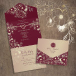 Romantic Burgundy Gold Floral Wedding All In One Invitation<br><div class="desc">Celebrate your love in luxurious style with this romantic burgundy and gold floral wedding invitation. Featuring vintage botanical illustrations in elegant rose gold, a heart-shaped rope accent, and a monogram detail for a personal touch. This rustic-chic all-in-one design includes a built-in RSVP and envelope layout—perfect for couples seeking a cohesive,...</div>
