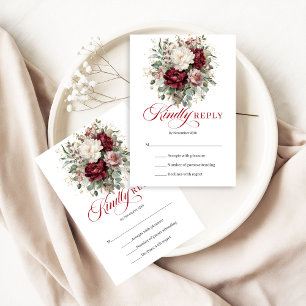 Romantic Burgundy Gold Flowers Wedding RSVP Card