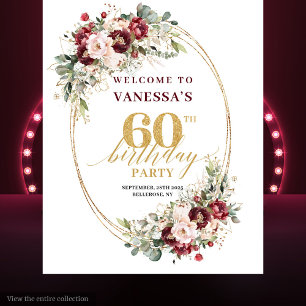 Romantic Burgundy Gold Greenery 60th Birthday Prop Tapestry