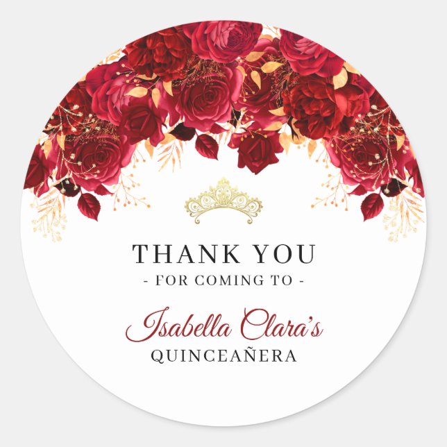 Romantic Burgundy Gold Quinceanera Thank You Classic Round Sticker (Front)