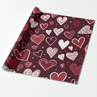 Romantic Burgundy Hand-Drawn Hearts Valentine Wrapping Paper
