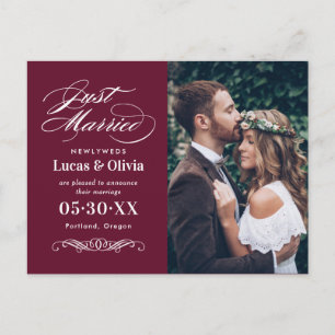 Romantic Burgundy Just Married Photo Announcement Postcard