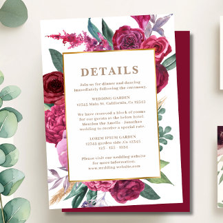 Romantic burgundy Maroon Floral Wedding details Enclosure Card