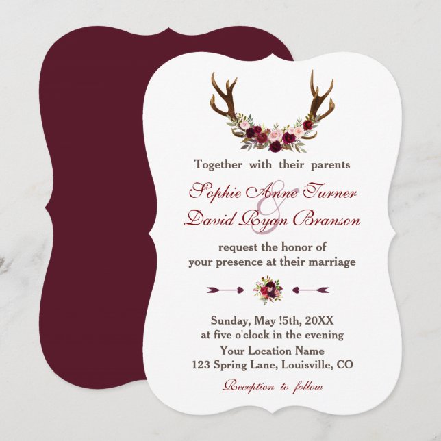 Romantic Burgundy Marsala Floral Antlers Wedding Invitation (Front/Back)