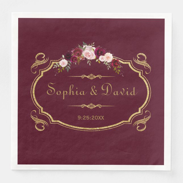 Romantic Burgundy Marsala Floral Fall Wedding Napkin (Front)