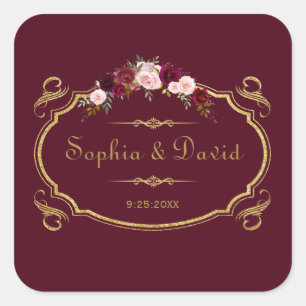 Romantic Burgundy Marsala Floral Fall Wedding Square Sticker