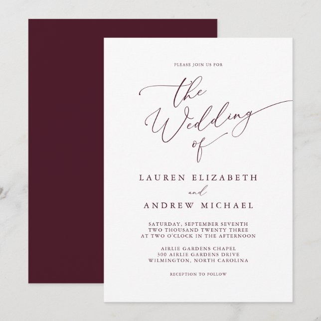 Romantic Burgundy Minimalist Wedding Invitation (Front/Back)