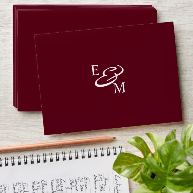 Romantic Burgundy Monodram Wedding  Envelope (Stacked)