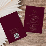 Romantic Burgundy Monogram QR Code Back Wedding Invitation<br><div class="desc">This romantic burgundy monogram QR code back wedding invitation is perfect for a simple wedding. The modern classic design features fancy swirls and whimsical flourishes with gorgeous elegant hand lettered faux champagne gold foil typography. Save paper by including a QR code for your guest to view details, RSVP, or both....</div>