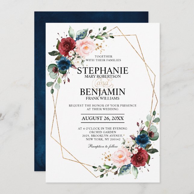 Romantic Burgundy Navy Blue Floral Geometric Invitation (Front/Back)