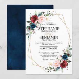 Romantic Burgundy Navy Blue Floral Geometric Invitation