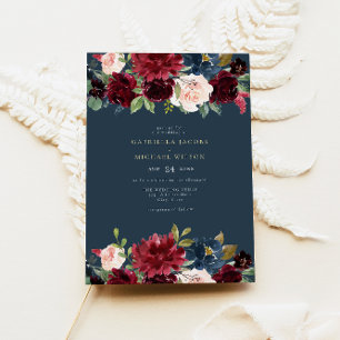 Romantic Burgundy Navy Blush Floral Garden Wedding Invitation