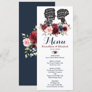Romantic Burgundy Navy Floral Silhouette Menu Card