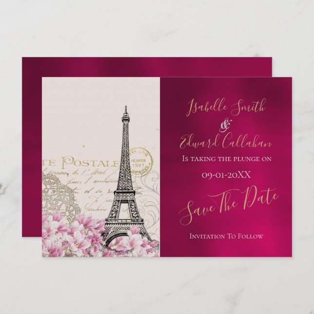 Romantic Burgundy Paris In Springtime  Save The Date (Front/Back)
