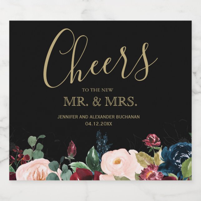 Romantic Burgundy, Pink, Blue and Black Sparkling  Sparkling Wine Label (Single Label)