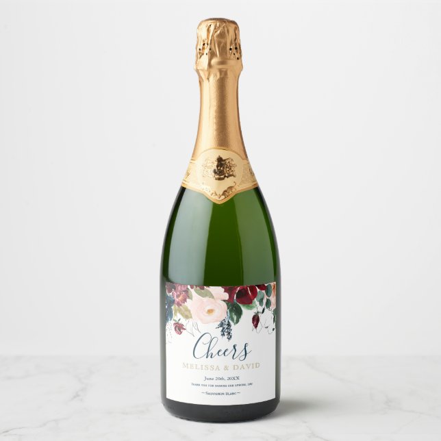 Romantic Burgundy, Pink, Blue and Black Sparkling  Sparkling Wine Label (Front)