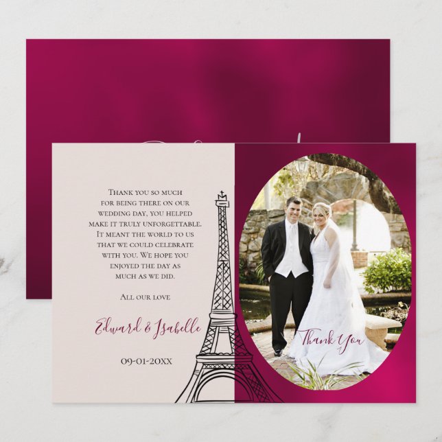 Romantic Burgundy & Pink Eifel Tower Couple Photo Thank You Card (Front/Back)