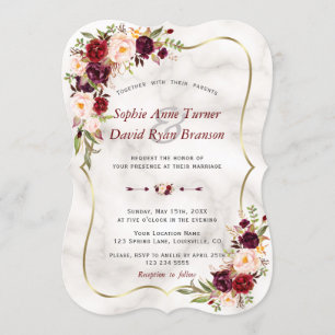 Romantic Burgundy Pink Flowers Marble Wedding Invitation
