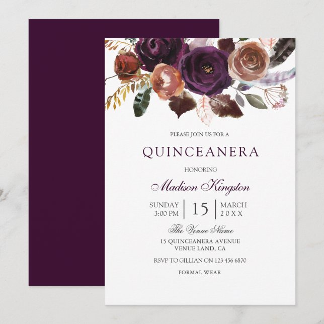 Romantic Burgundy Purple Plum Floral Quinceanera Invitation (Front/Back)
