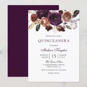 Romantic Burgundy Purple Plum Floral Quinceanera Invitation