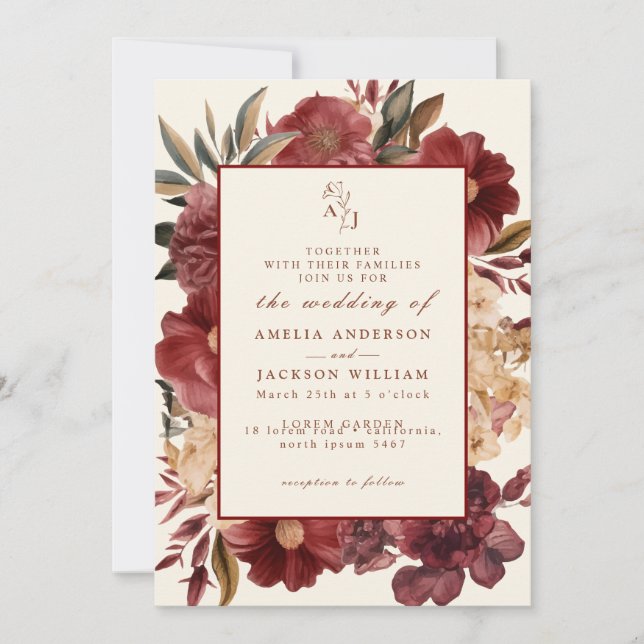 Romantic Burgundy red and copper Wedding Invitatio Invitation (Front)