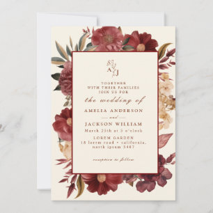 Romantic Burgundy red and copper Wedding Invitation