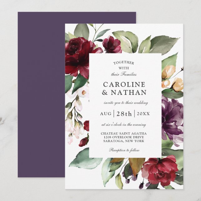 Romantic Burgundy Red and Plum Floral Wedding Invitation (Front/Back)