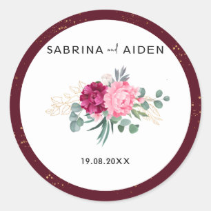 Romantic Burgundy Red Blush Pink Floral Wedding Classic Round Sticker