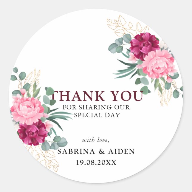 Romantic Burgundy Red | Blush Pink Floral Wedding  Classic Round Sticker (Front)