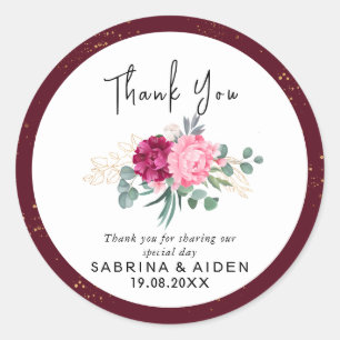 Romantic Burgundy Red   Blush Pink Gold Floral  Classic Round Sticker