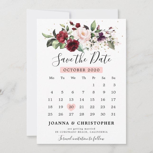 Romantic Burgundy Red Blush Rose Floral calendar Save The Date (Front)