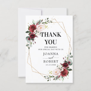 Romantic Burgundy Red Blush Rose Floral Geometric Thank You Card