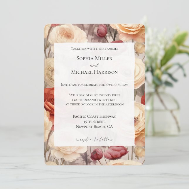 Romantic Burgundy Red Cream Floral Wedding Invitation (Standing Front)