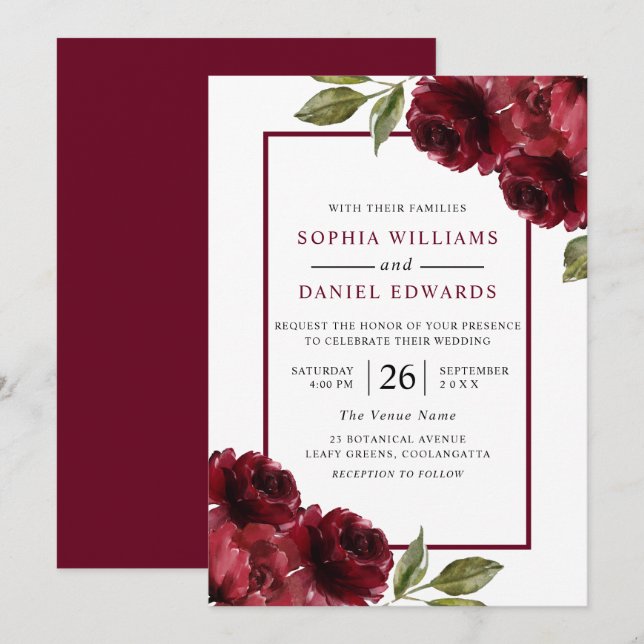 Romantic Burgundy Red Flowers Modern Wedding Invitation (Front/Back)