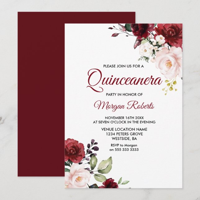 Romantic Burgundy Red Flowers Quinceanera  Invitation (Front/Back)