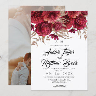Romantic Burgundy Red Gold Floral Wedding Invitation