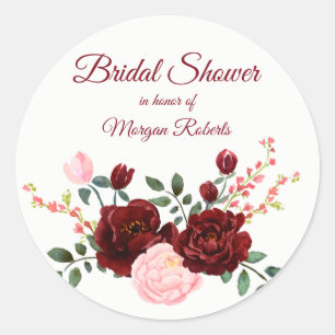 Romantic burgundy red pink rose Bridal Shower Classic Round Sticker