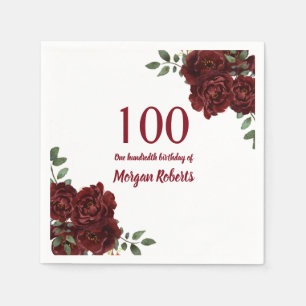 Romantic Burgundy Red Rose 100th Birthday Party Napkin
