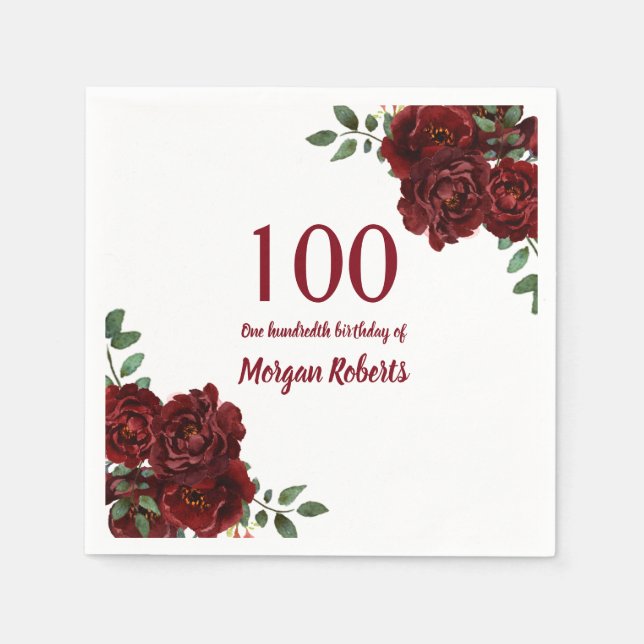 Romantic Burgundy Red Rose 100th Birthday Party Napkin (Front)