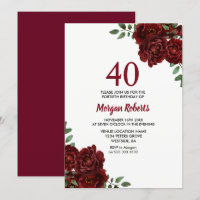 Romantic Burgundy Red Rose 40th Birthday Invite