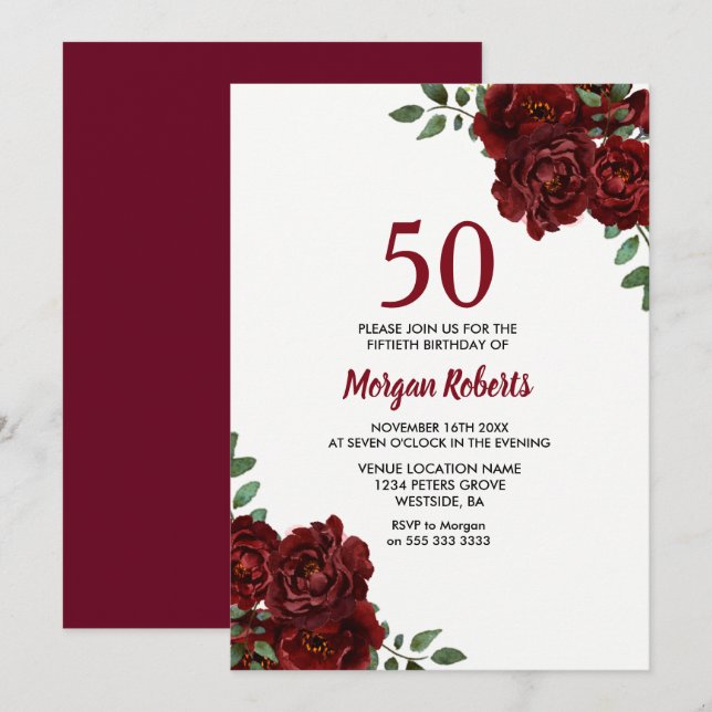 Romantic Burgundy Red Rose 50th Birthday Invite (Front/Back)