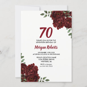Romantic Burgundy Red Rose 70th Birthday Invite