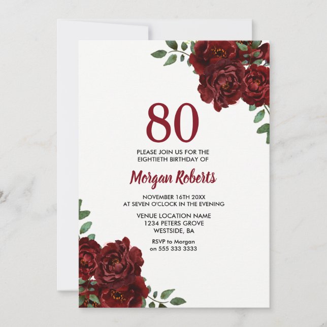 Romantic Burgundy Red Rose 80th Birthday Invite (Front)