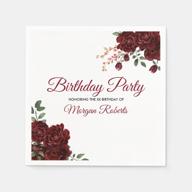 Romantic Burgundy Red Rose Birthday Party Napkin (Front)
