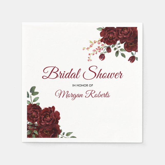 Romantic Burgundy Red Rose Floral Bridal Shower Napkin (Front)