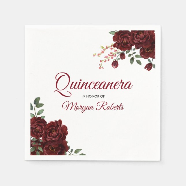 Romantic Burgundy Red Rose Floral Quinceanera Napkin (Front)