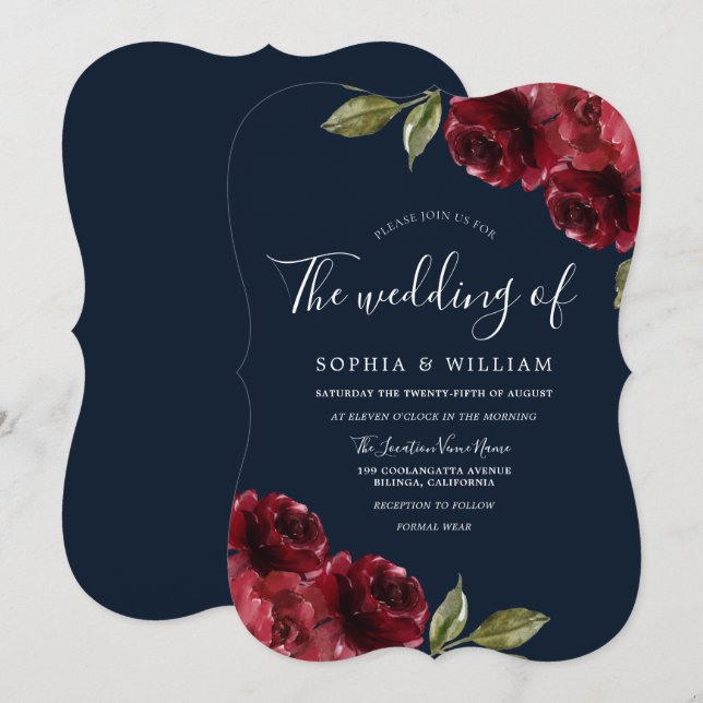 Romantic Burgundy Red Rose & Navy Blue Wedding Invitation (Front/Back)